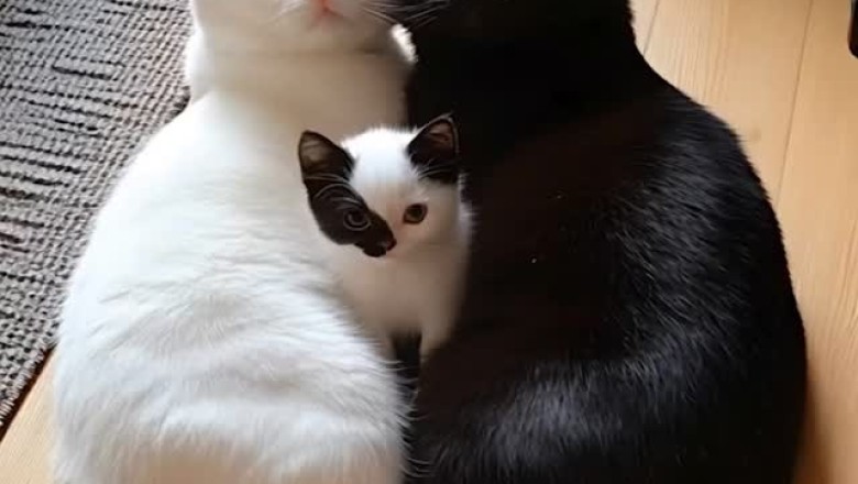 Adorable Kittens: Two Cats Cuddle Their Cute Little Kitten