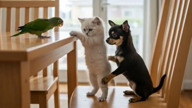 The Feathered, Furry Trio: Parrot, Dog, and Cat's Hilarious Friendship!